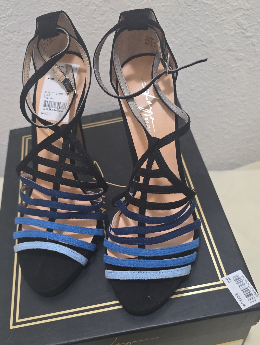 Strappy Lace-Up High Heels in Black with Navy & Light Blue Accents